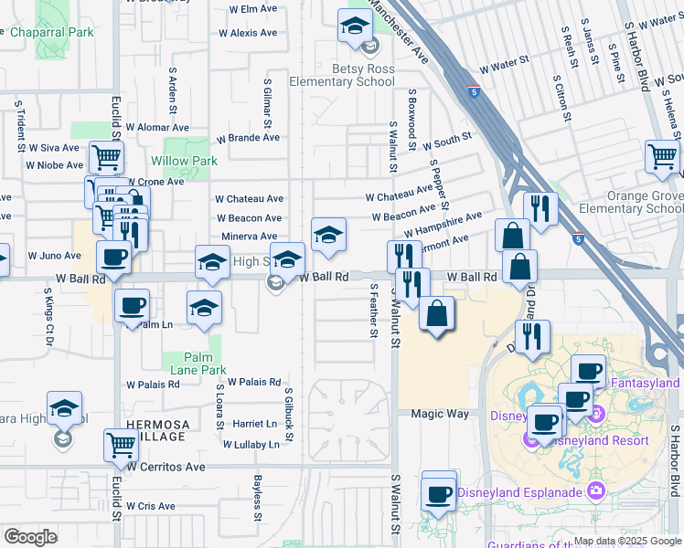 map of restaurants, bars, coffee shops, grocery stores, and more near 1417 Colonial Avenue in Anaheim