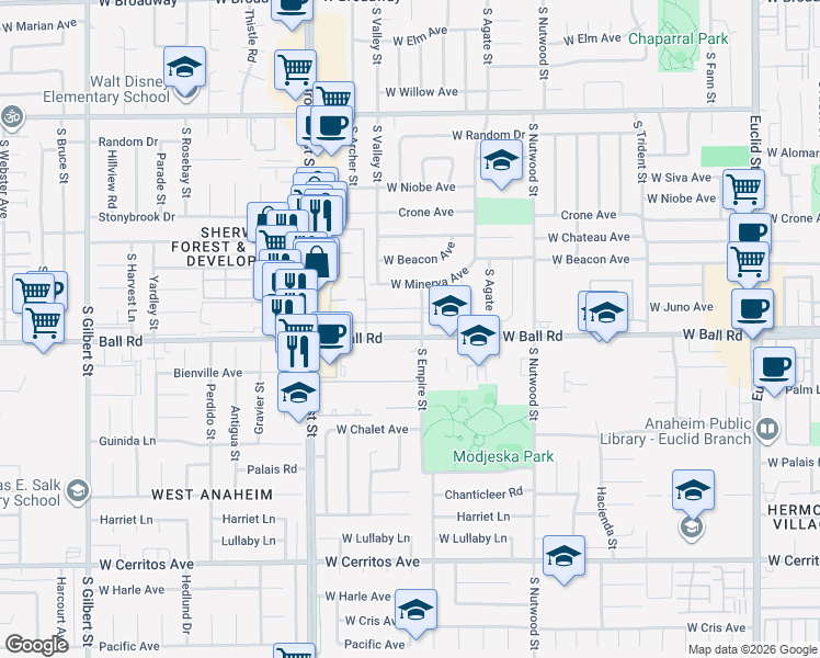 map of restaurants, bars, coffee shops, grocery stores, and more near 2114 West Ball Road in Anaheim