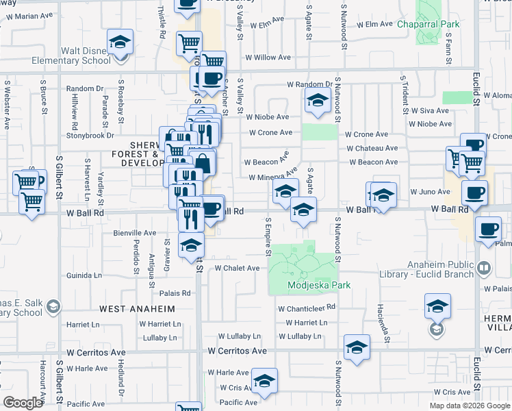 map of restaurants, bars, coffee shops, grocery stores, and more near 2114 West Ball Road in Anaheim