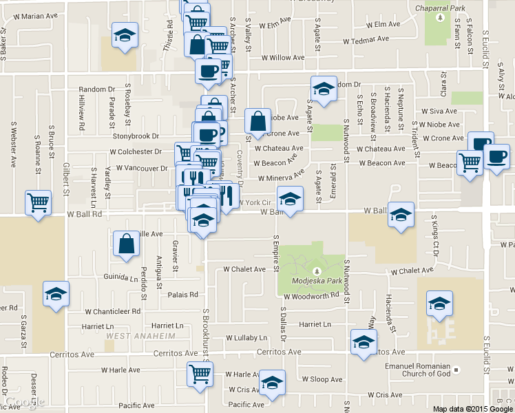 map of restaurants, bars, coffee shops, grocery stores, and more near 2114 West Ball Road in Anaheim