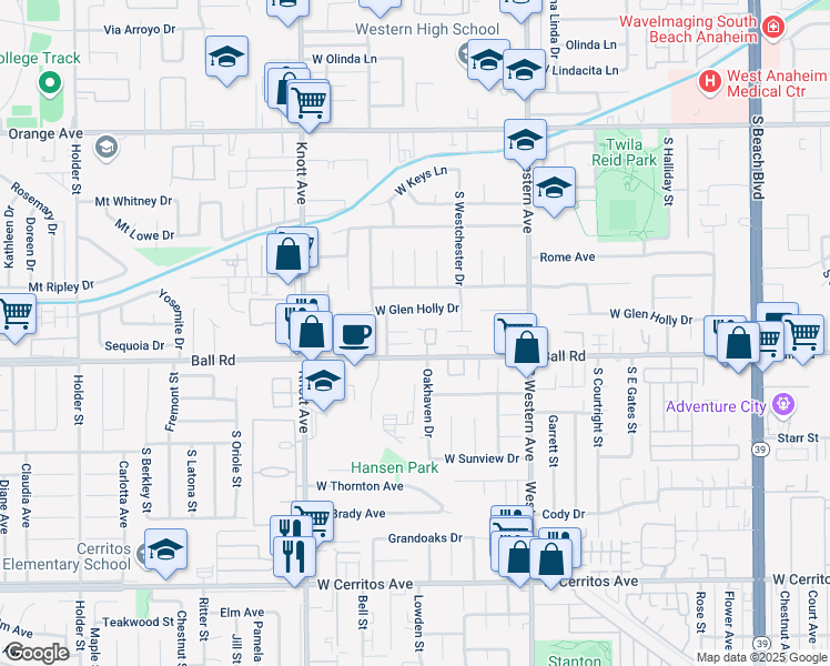 map of restaurants, bars, coffee shops, grocery stores, and more near 980 South Oakhaven Circle in Anaheim