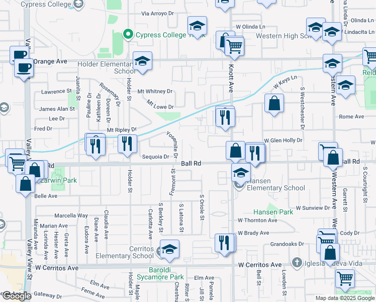 map of restaurants, bars, coffee shops, grocery stores, and more near 3623 Ball Road in Buena Park