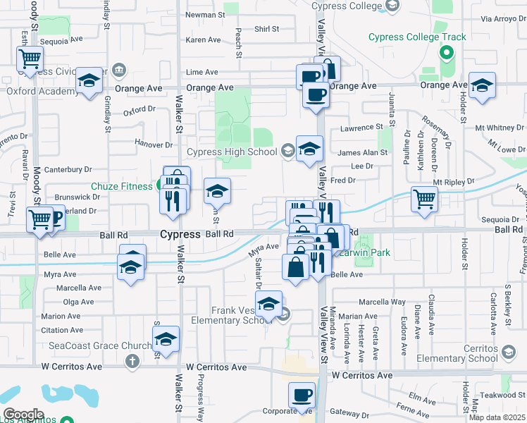 map of restaurants, bars, coffee shops, grocery stores, and more near 5747 La Jolla Way in Cypress