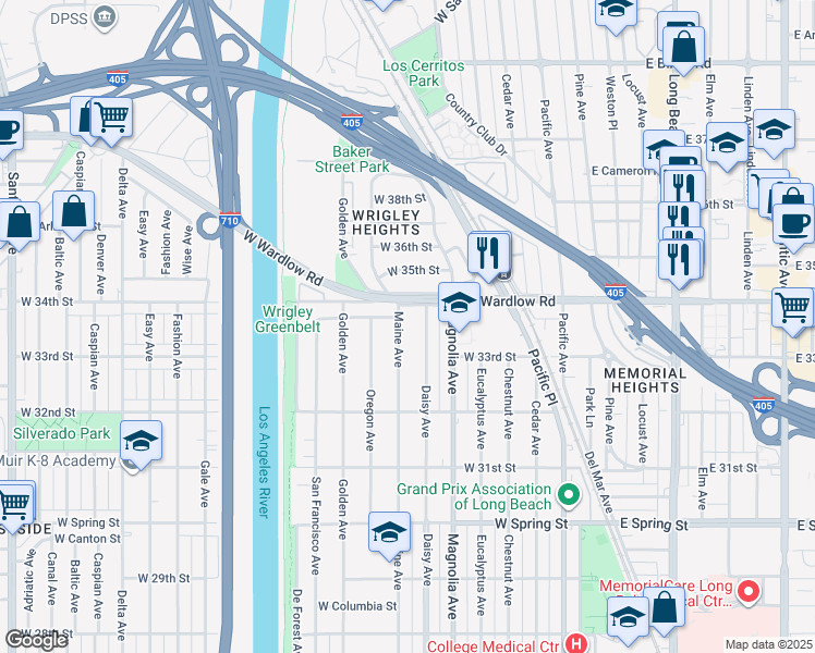 map of restaurants, bars, coffee shops, grocery stores, and more near 3312 Maine Avenue in Long Beach