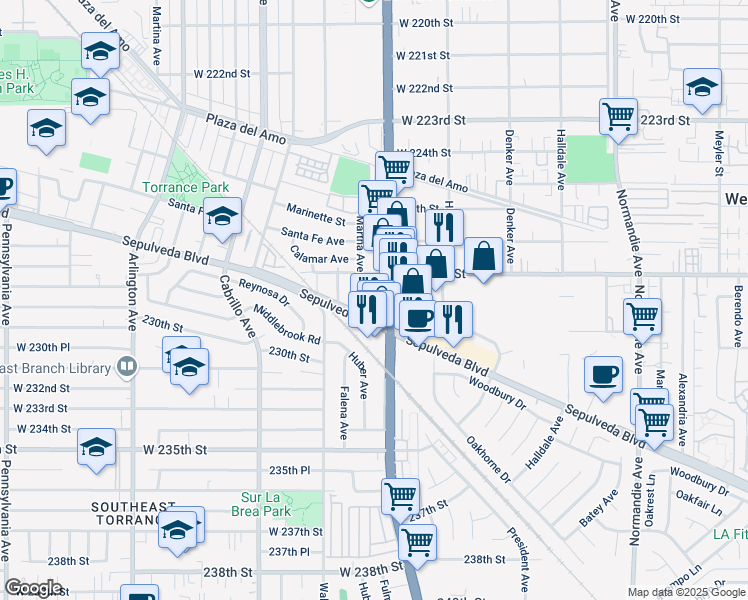 map of restaurants, bars, coffee shops, grocery stores, and more near in Torrance
