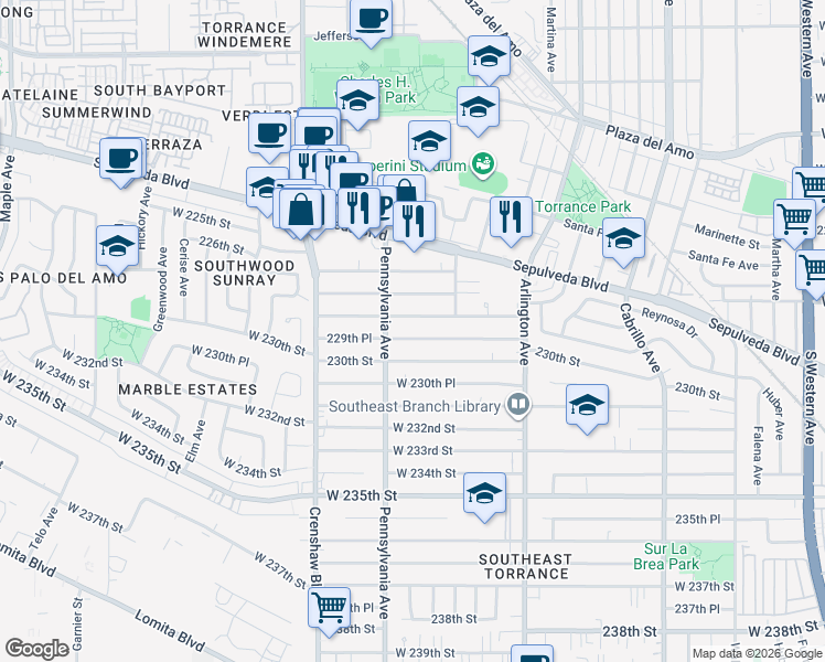 map of restaurants, bars, coffee shops, grocery stores, and more near 2358 229th Place in Torrance