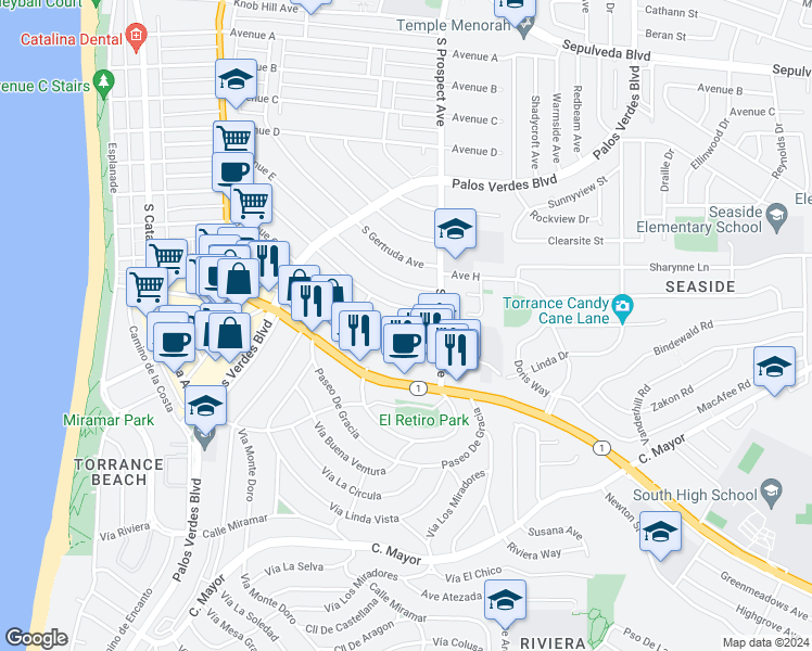 map of restaurants, bars, coffee shops, grocery stores, and more near 512 Avenue G in Redondo Beach