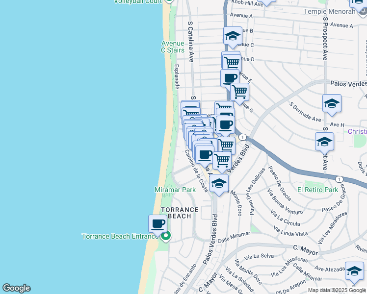 map of restaurants, bars, coffee shops, grocery stores, and more near 1713 Camino de la Costa in Redondo Beach