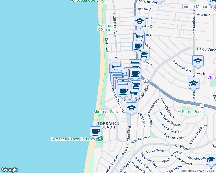 map of restaurants, bars, coffee shops, grocery stores, and more near 1721 Camino de la Costa in Redondo Beach