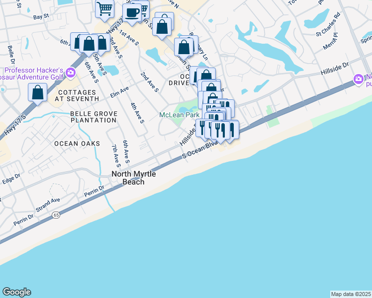 map of restaurants, bars, coffee shops, grocery stores, and more near 201 South Ocean Boulevard in North Myrtle Beach