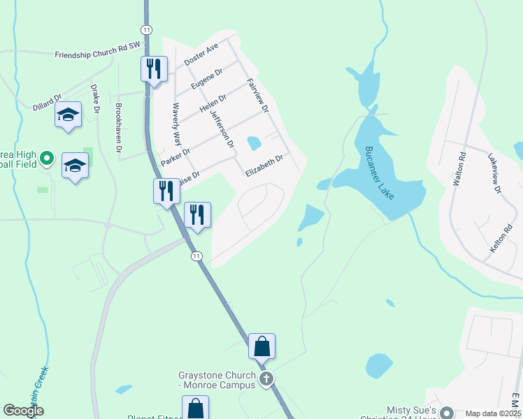 map of restaurants, bars, coffee shops, grocery stores, and more near 205 Tanglewood Drive in Monroe