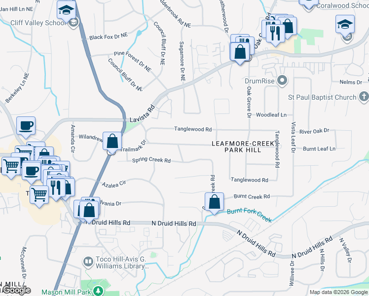 map of restaurants, bars, coffee shops, grocery stores, and more near 2220 Spring Creek Road in Decatur