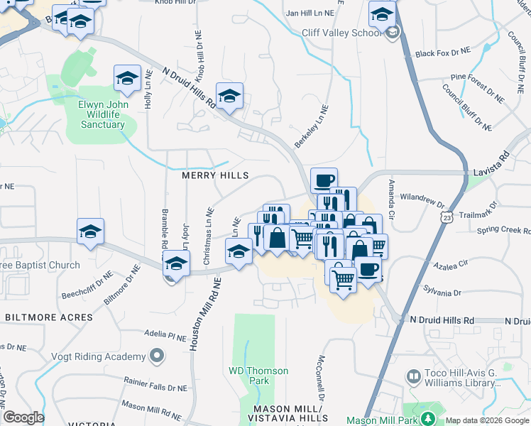 map of restaurants, bars, coffee shops, grocery stores, and more near 1452 Wembley Court Northeast in Atlanta