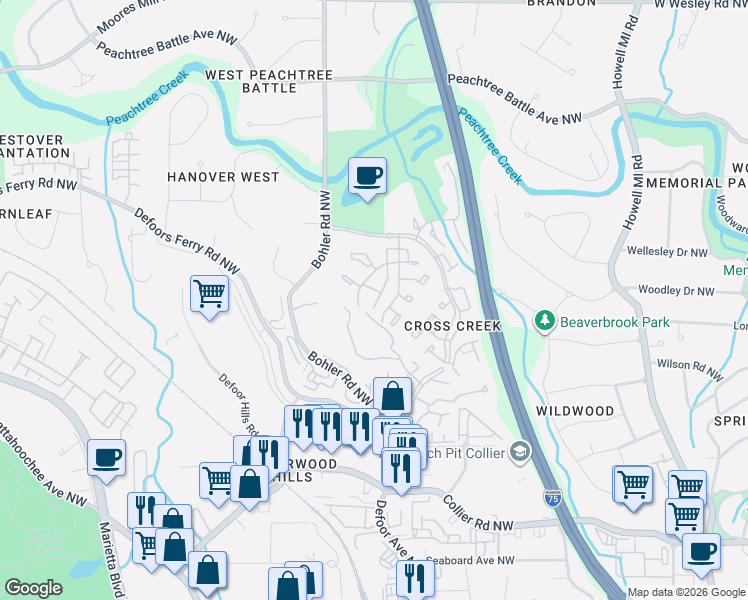 map of restaurants, bars, coffee shops, grocery stores, and more near 4900 Acacia Street Northwest in Atlanta