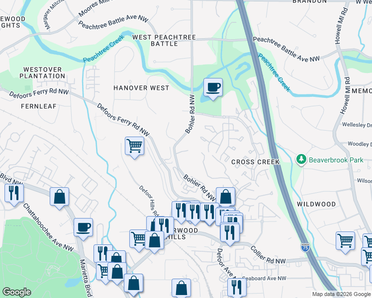 map of restaurants, bars, coffee shops, grocery stores, and more near 10 Bohler Mews in Atlanta