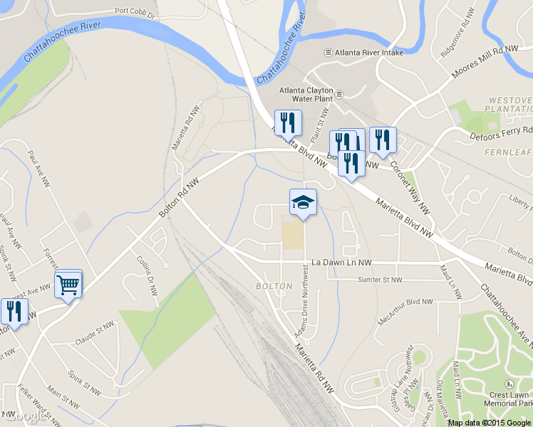 map of restaurants, bars, coffee shops, grocery stores, and more near 2199 Rando Lane Northwest in Atlanta