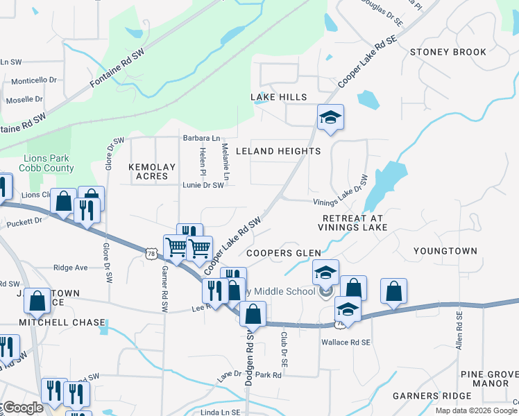 map of restaurants, bars, coffee shops, grocery stores, and more near 27 Cooper Lake Road Southwest in Mableton