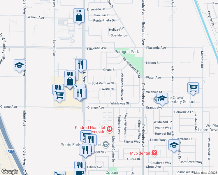 map of restaurants, bars, coffee shops, grocery stores, and more near 174 Worth Street in Perris