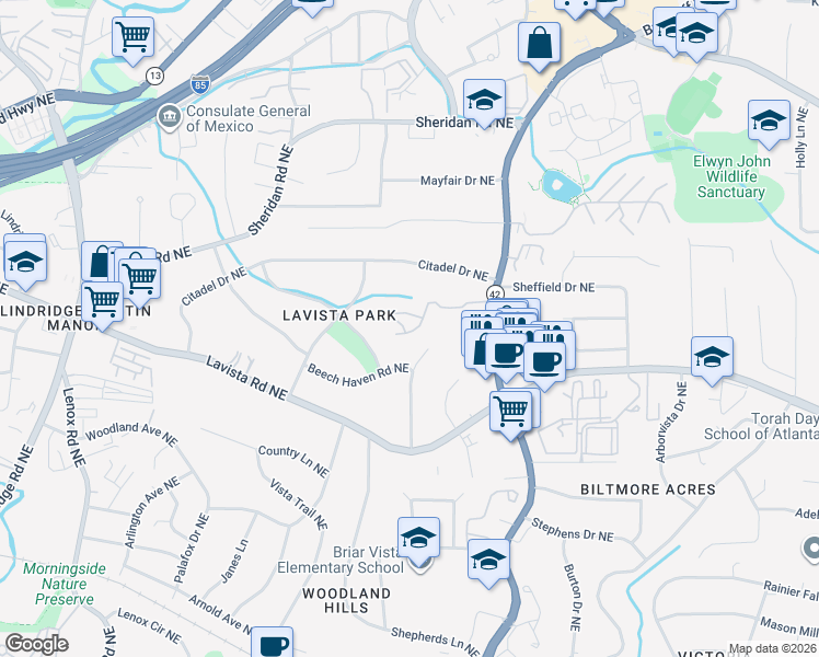 map of restaurants, bars, coffee shops, grocery stores, and more near 1219 Wildcliff Parkway Northeast in Atlanta
