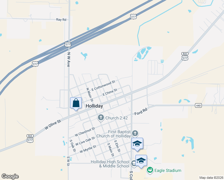 map of restaurants, bars, coffee shops, grocery stores, and more near 310 East China Street in Holliday