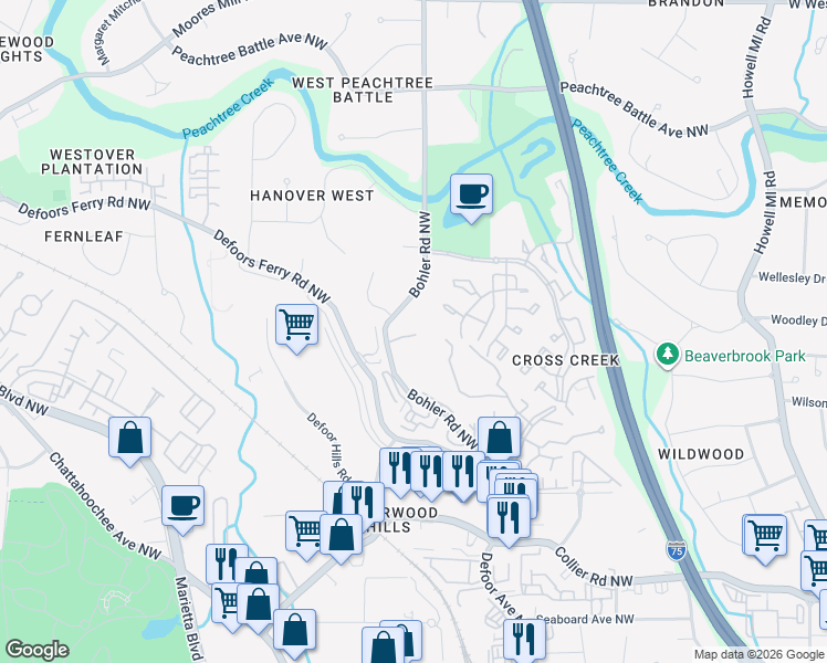 map of restaurants, bars, coffee shops, grocery stores, and more near 10 Bohler Mews in Atlanta