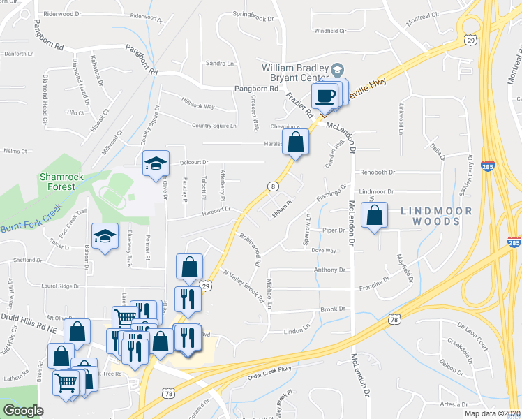 map of restaurants, bars, coffee shops, grocery stores, and more near 1300 Hopkins Drive in Decatur