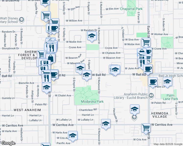 map of restaurants, bars, coffee shops, grocery stores, and more near 952 Emerald Street in Anaheim