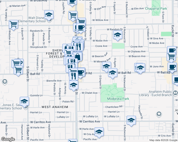 map of restaurants, bars, coffee shops, grocery stores, and more near 2146 West Ball Road in Anaheim