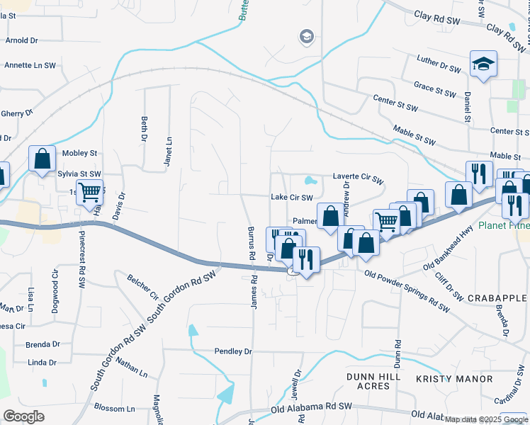 map of restaurants, bars, coffee shops, grocery stores, and more near 5584 Zanola Drive Southwest in Mableton