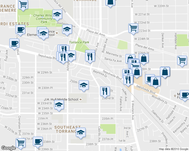 map of restaurants, bars, coffee shops, grocery stores, and more near 22922 Cabrillo Avenue in Torrance