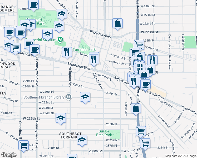 map of restaurants, bars, coffee shops, grocery stores, and more near 22922 Cabrillo Avenue in Torrance