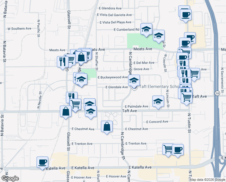 map of restaurants, bars, coffee shops, grocery stores, and more near 742 East Ferndale Avenue in Orange