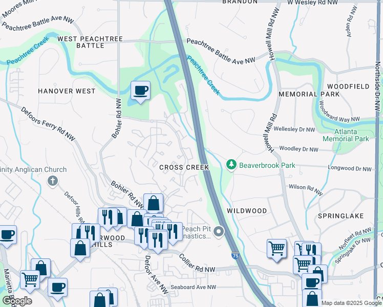 map of restaurants, bars, coffee shops, grocery stores, and more near Lablanc Way Northwest in Atlanta