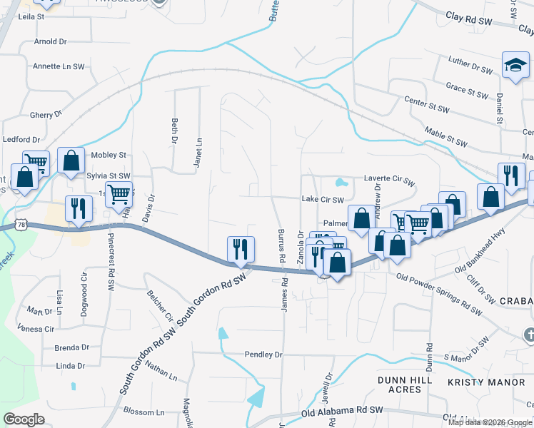map of restaurants, bars, coffee shops, grocery stores, and more near 5647 Burrus Road in Austell