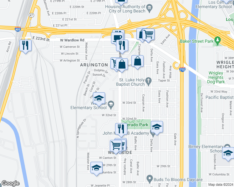 map of restaurants, bars, coffee shops, grocery stores, and more near 3365 Santa Fe Avenue in Long Beach