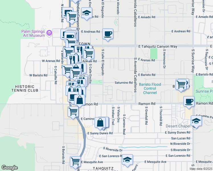 map of restaurants, bars, coffee shops, grocery stores, and more near 437 Copper Canyon Road in Palm Springs