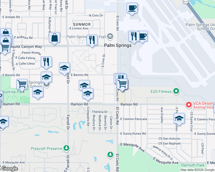 map of restaurants, bars, coffee shops, grocery stores, and more near 401 El Cielo Road in Palm Springs