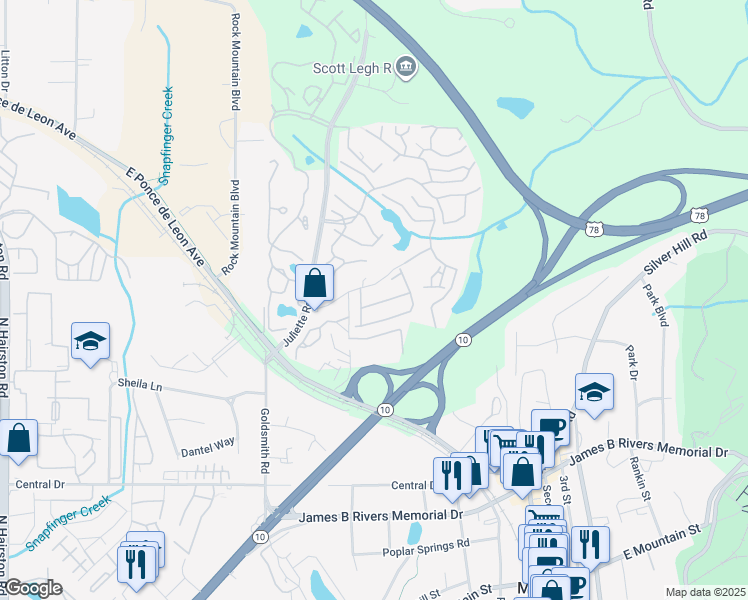 map of restaurants, bars, coffee shops, grocery stores, and more near 1290 Taylor Way in Stone Mountain