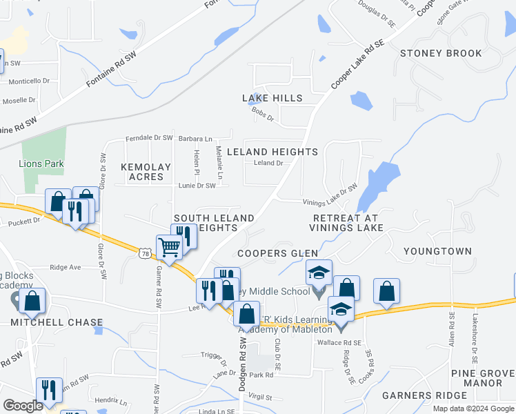 map of restaurants, bars, coffee shops, grocery stores, and more near 29 Cooper Lake Road Southwest in Mableton