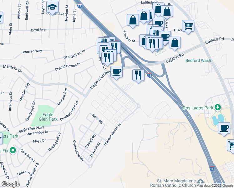 map of restaurants, bars, coffee shops, grocery stores, and more near Lavine Way in Corona