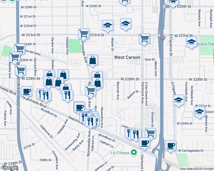 map of restaurants, bars, coffee shops, grocery stores, and more near West Drive in West Carson