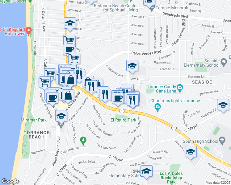 map of restaurants, bars, coffee shops, grocery stores, and more near 513 Avenue G in Redondo Beach