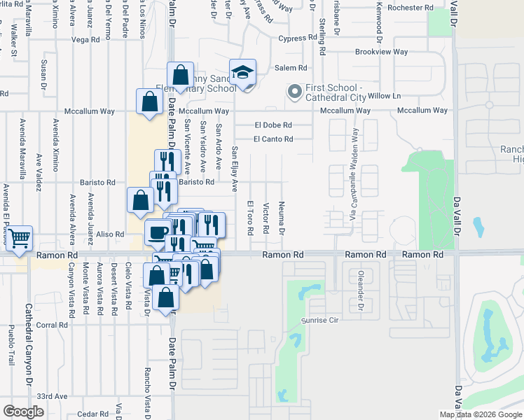 map of restaurants, bars, coffee shops, grocery stores, and more near 31675 Victor Road in Cathedral City