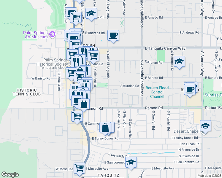 map of restaurants, bars, coffee shops, grocery stores, and more near 402 Calle Traditions in Palm Springs