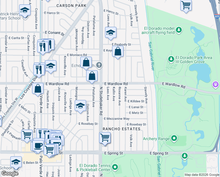 map of restaurants, bars, coffee shops, grocery stores, and more near 3350 Lees Avenue in Long Beach
