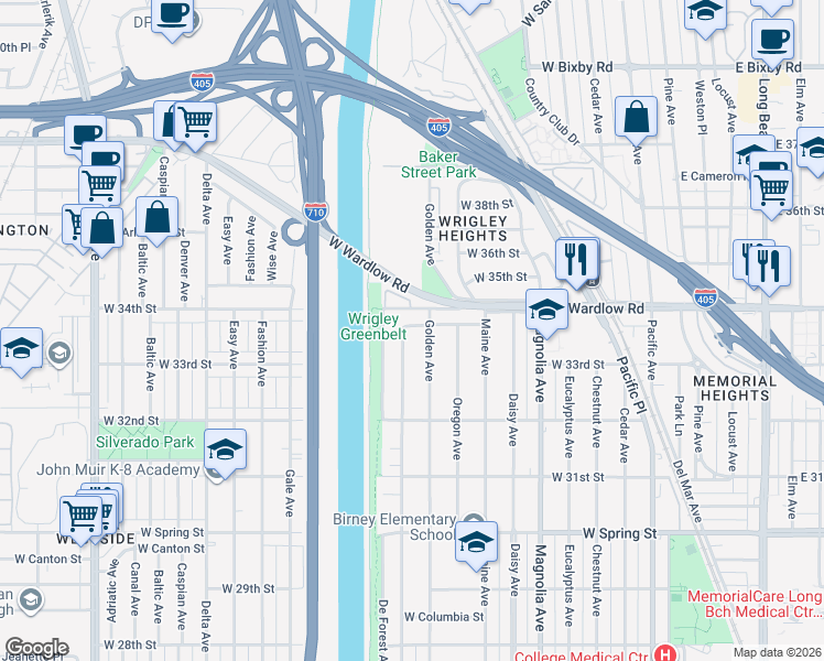map of restaurants, bars, coffee shops, grocery stores, and more near 874 West 33rd Way in Long Beach