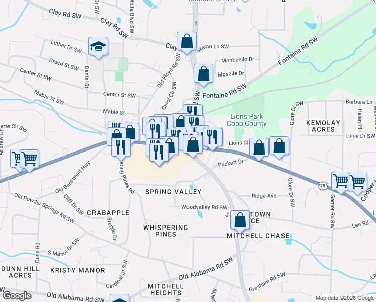 map of restaurants, bars, coffee shops, grocery stores, and more near 4860 Mableton Parkway Southwest in Mableton