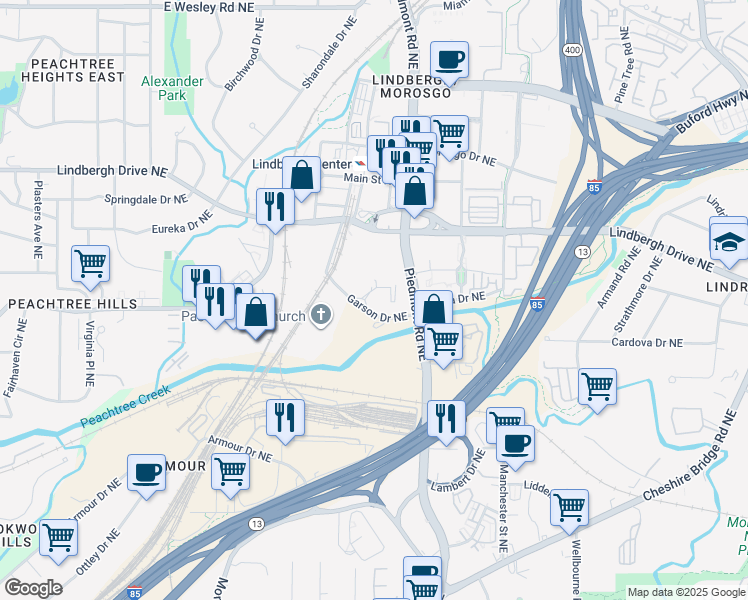 map of restaurants, bars, coffee shops, grocery stores, and more near 600 Garson Drive Northeast in Atlanta