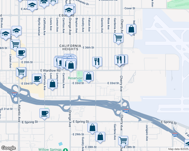 map of restaurants, bars, coffee shops, grocery stores, and more near 3349 Walnut Avenue in Signal Hill