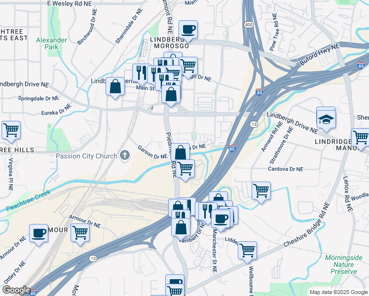 map of restaurants, bars, coffee shops, grocery stores, and more near 2323 Piedmont Road Northeast in Atlanta